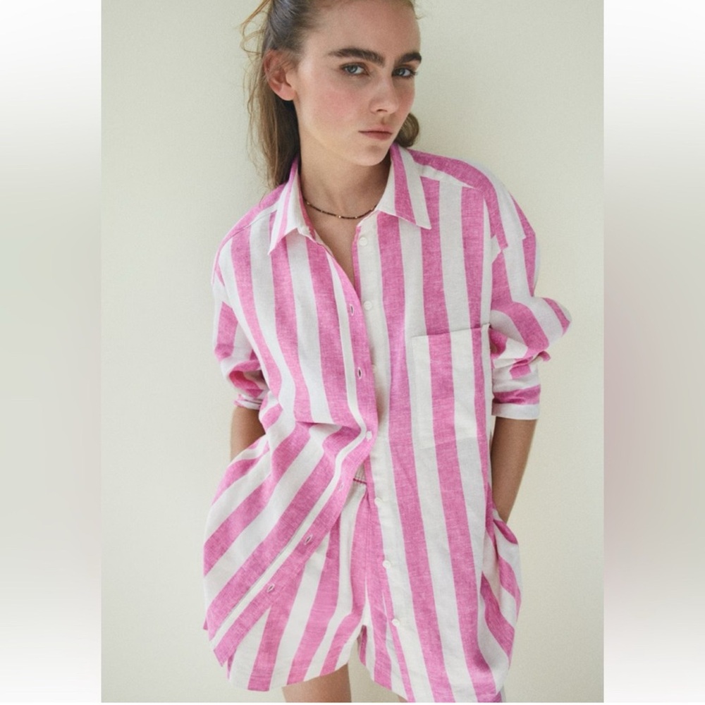 H&M Pink and White Linen Blend Striped Pink Oversized Button-Down Shirt & Shorts